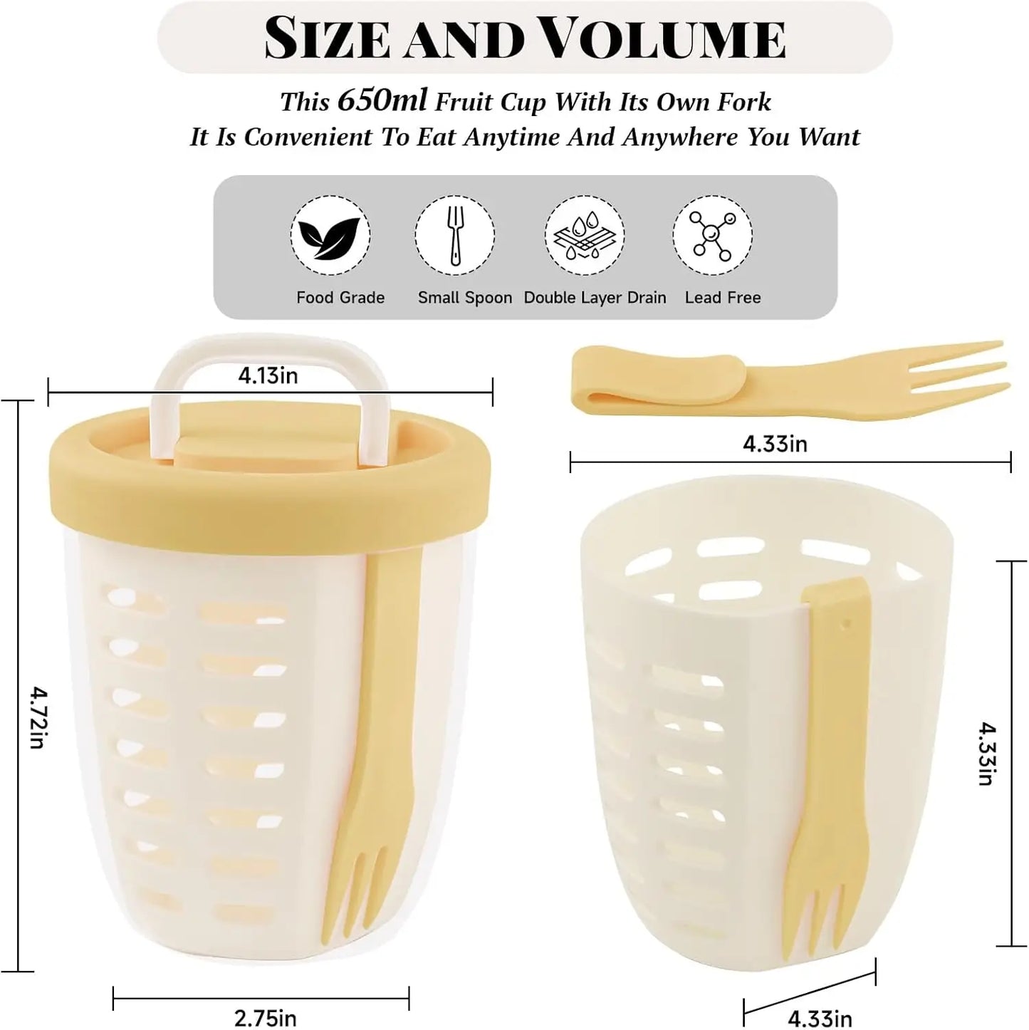 Multi-Functional Cylindrical Fruit Cup with Stainless Steel Fork & Drainage