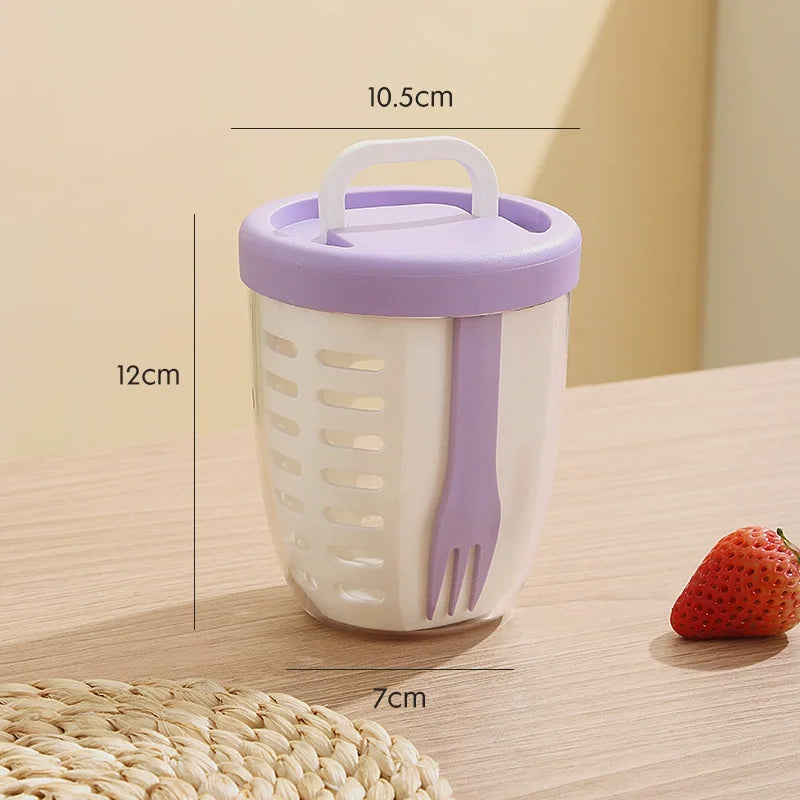 Multi-Functional Cylindrical Fruit Cup with Stainless Steel Fork & Drainage