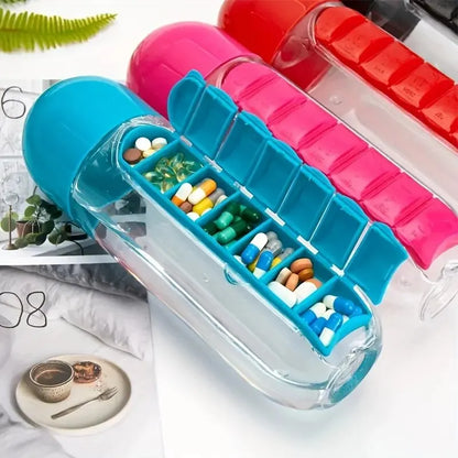 Portable Water Bottle with Pill Box