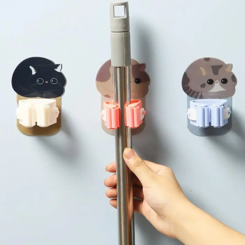 Wall-Mounted Cute Cat Hooks Organizer for Mop & Broom