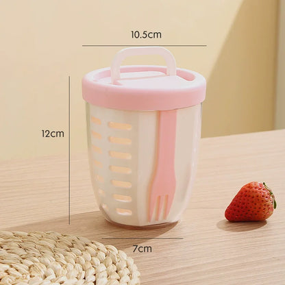 Multi-Functional Cylindrical Fruit Cup with Stainless Steel Fork & Drainage