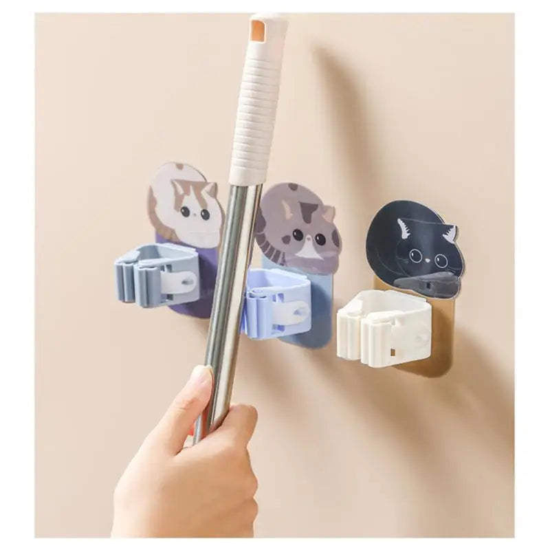 Wall-Mounted Cute Cat Hooks Organizer for Mop & Broom