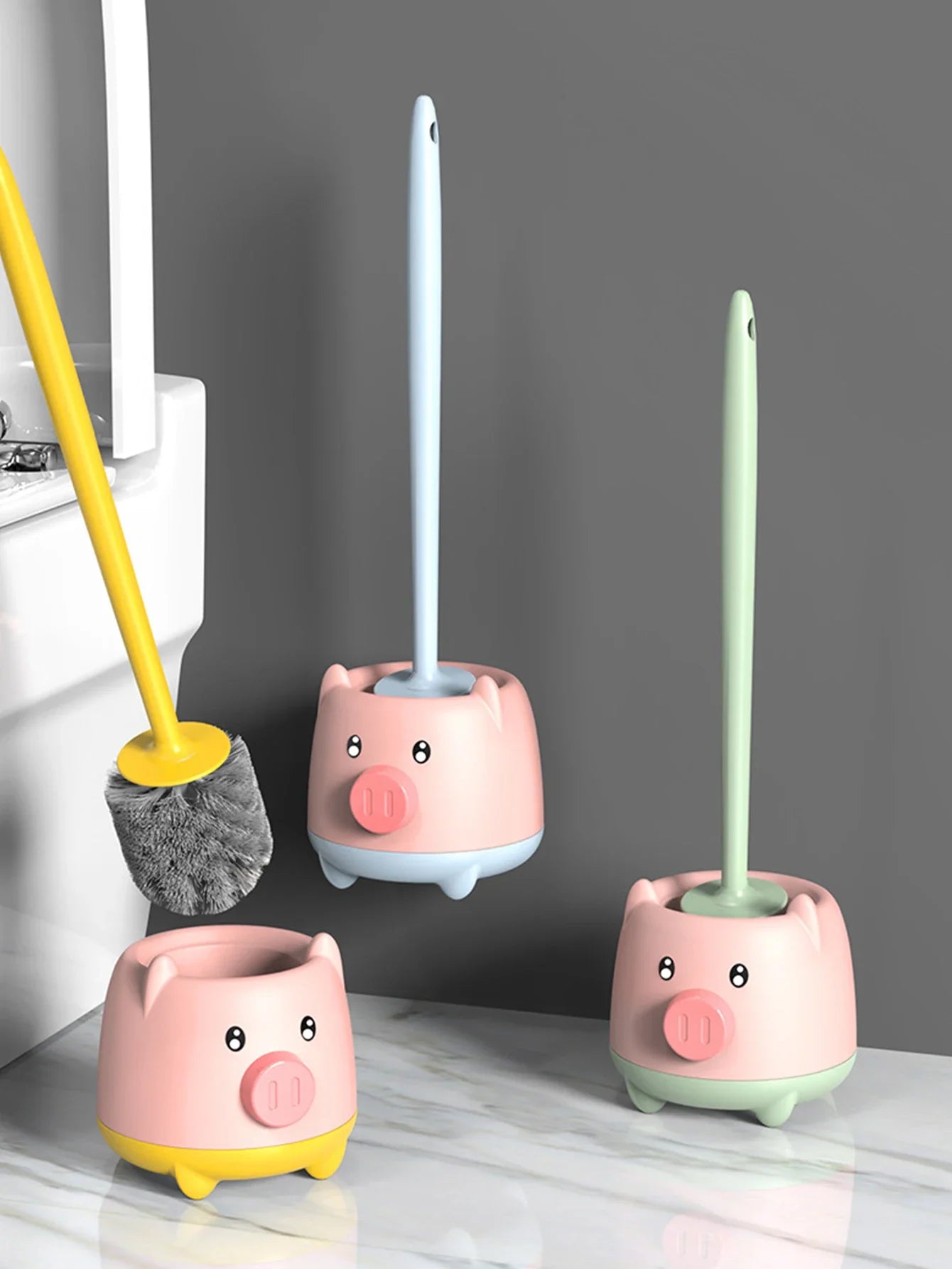 Cute Piglet Wall Hanging Toilet Brush Set for Corner-Free Cleaning