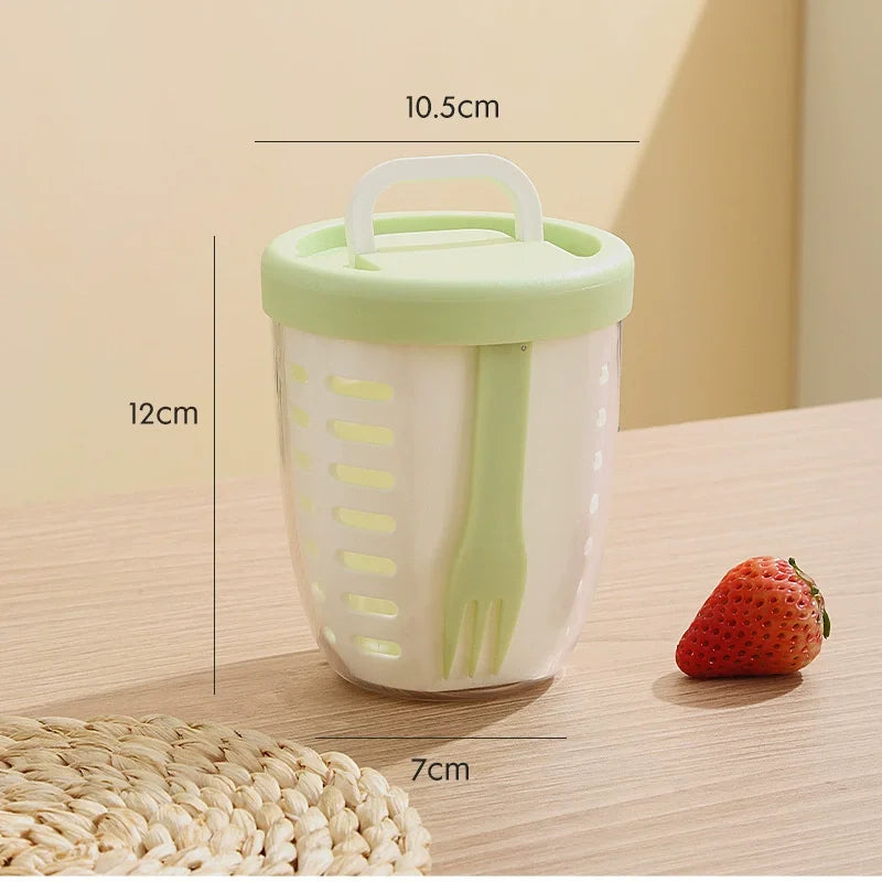 Multi-Functional Cylindrical Fruit Cup with Stainless Steel Fork & Drainage