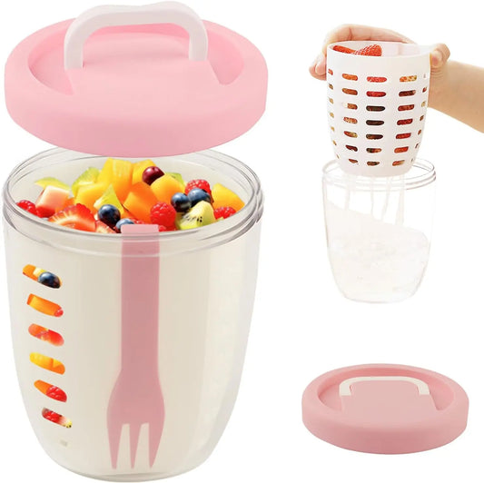 Multi-Functional Cylindrical Fruit Cup with Stainless Steel Fork & Drainage